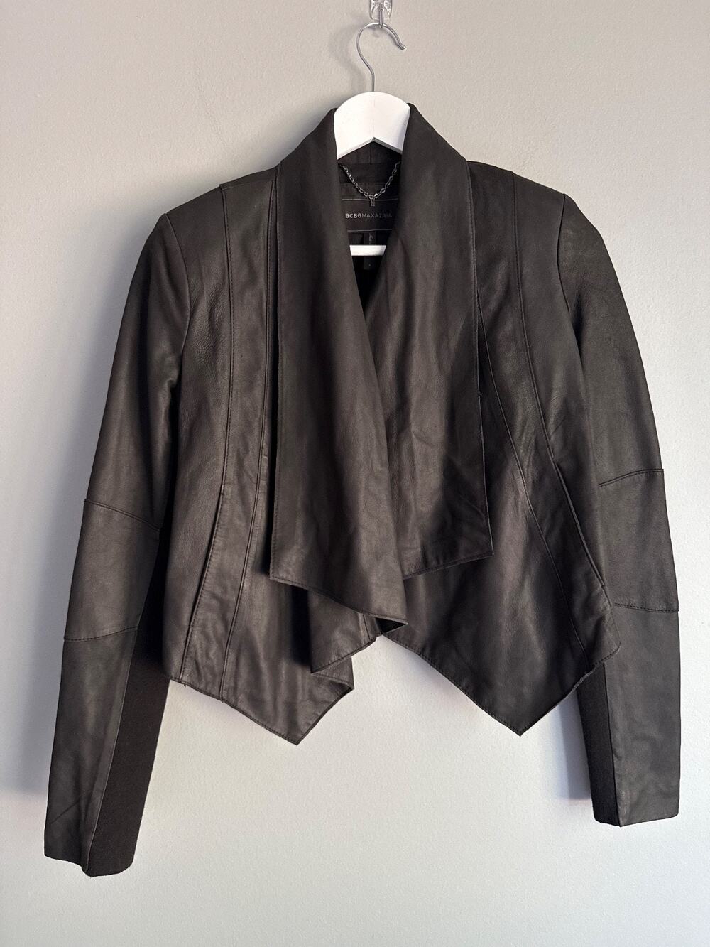 NWT BCBG Max Azria Lola Black 100% Leather Jacket S Draped Waterfall Cropped